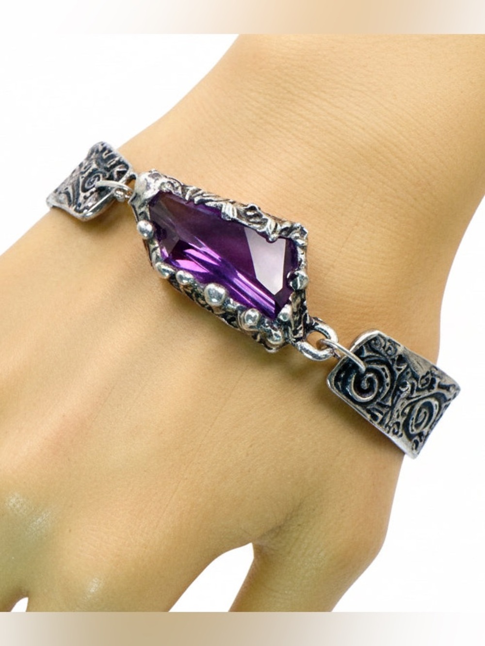 Amethyst Bracelet - Chunky Crystal Intricate Silver Links Adjustable 8" - Picture 17 of 17